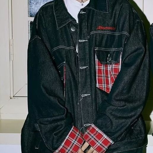 Men's Clothing Men's Denim Jacket With Plaid Pockets, Contrasting Lines, Color Blocking, Trendy Brand, Lapel, Cross Border Trade._viptrois.com