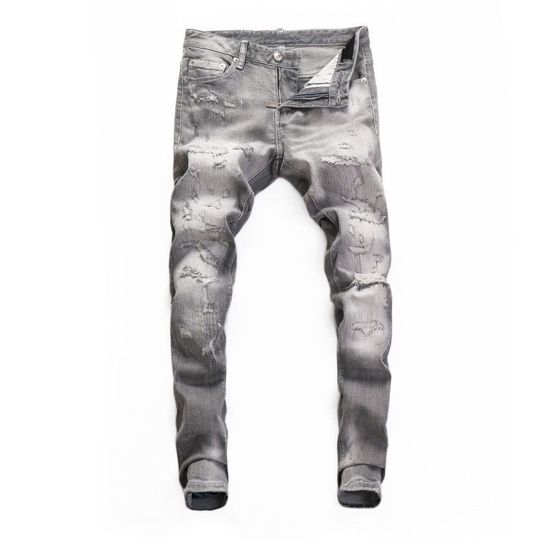 Men's Clothing Street Fashion Ripped Jeans Retro Distressed Grey Slightly Elastic Slim Fit Patchwork Skinny Jeans_viptrois.com