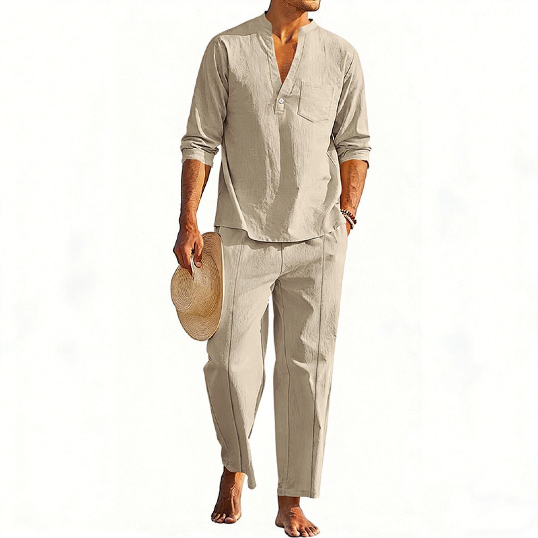 Men's Linen Hawaiian Shirt And Drawstring Pants Set | Breathable Long Sleeve Henley & Straight Leg Outfit For Resort Vacation_viptrois.com