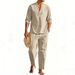 Men's Linen Hawaiian Shirt And Drawstring Pants Set | Breathable Long Sleeve Henley & Straight Leg Outfit For Resort Vacation_viptrois.com