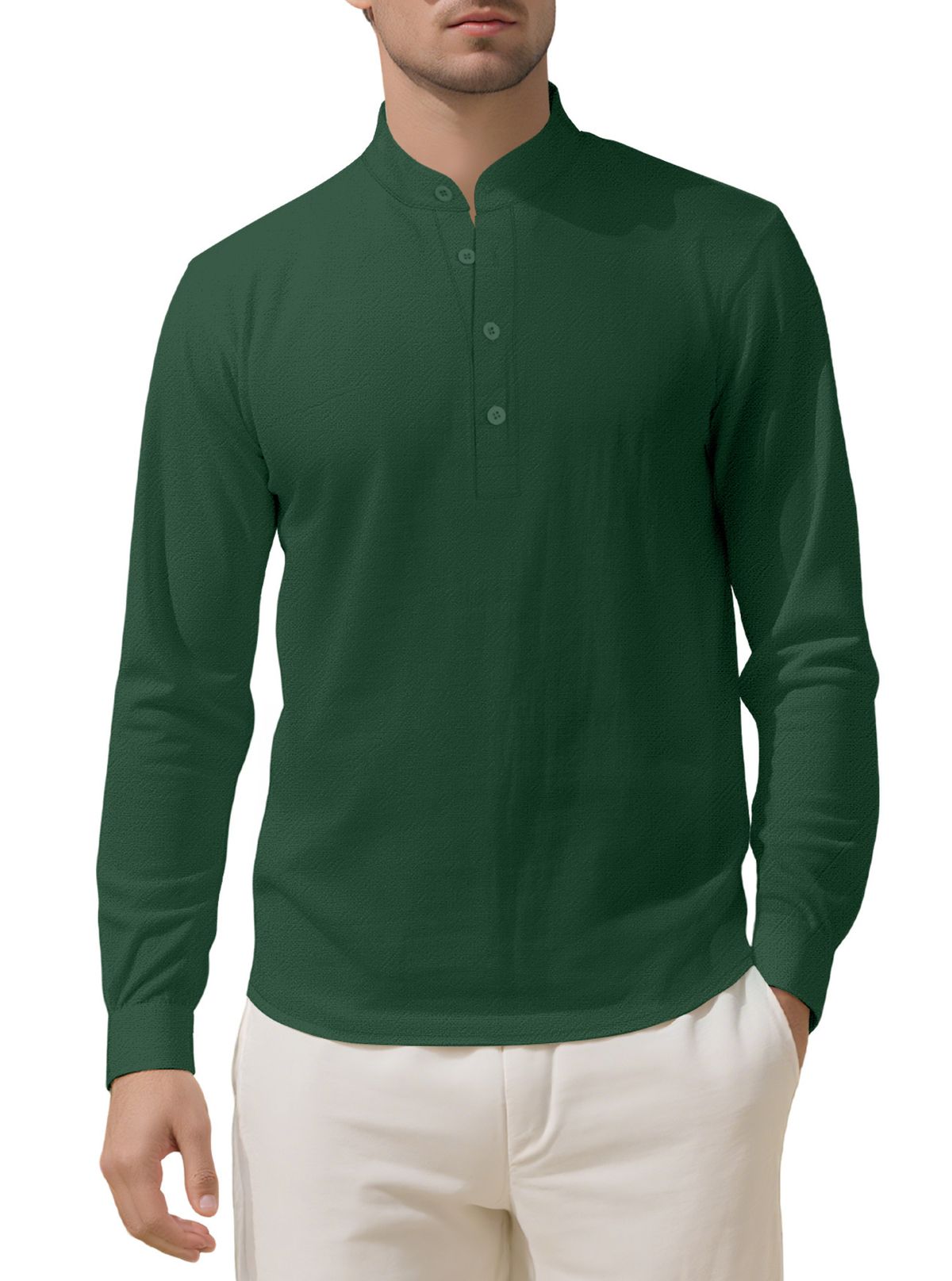 Men's Clothing Foreign Trade Men's Loose Linen Solid Color Long Sleeve Stand Collar Top Men's Casual Shirt_viptrois.com