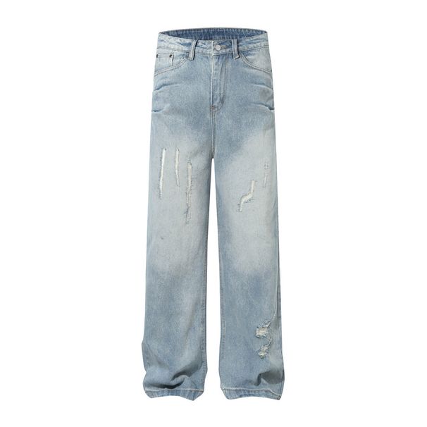 Washed Distressed Denim Street Style Punk Faded Vintage Ripped Loose Straight Wide-Leg Pants For Men_viptrois.com