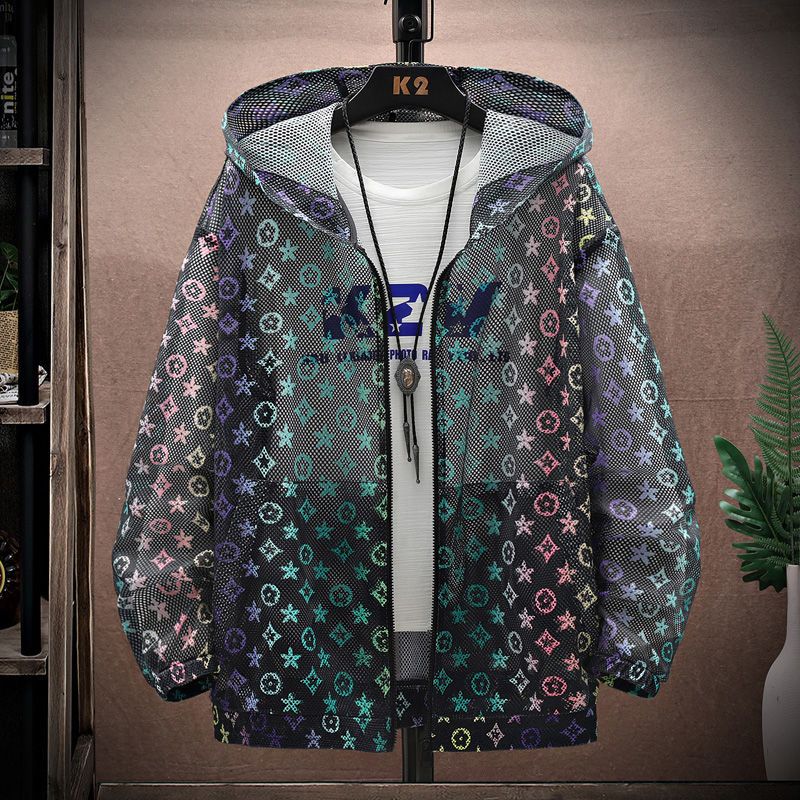 Hollow Hooded Sun Protection Jacket For Summer Ruffian Handsome Mesh Breathable Lightweight Jacket, Trendy Outdoor Men's_viptrois.com