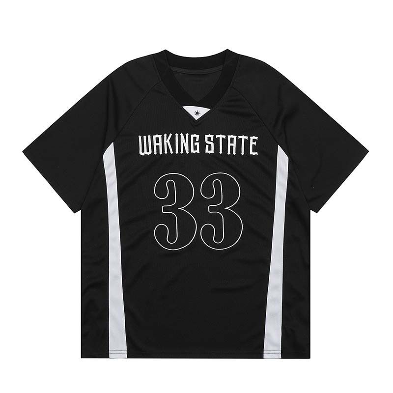 American retro alphanumeric print stitching contrast color V neck short sleeved T shirt men's high street fashion brand loose tops_viptrois.com
