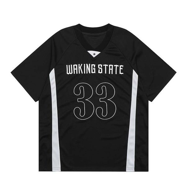 American retro alphanumeric print stitching contrast color V neck short sleeved T shirt men's high street fashion brand loose tops_viptrois.com