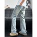 American High Street Vibe High-waisted For Men, Spring Vintage Blue Curved Cut Jeans, Washed Straight-leg Flared Pants_viptrois.com