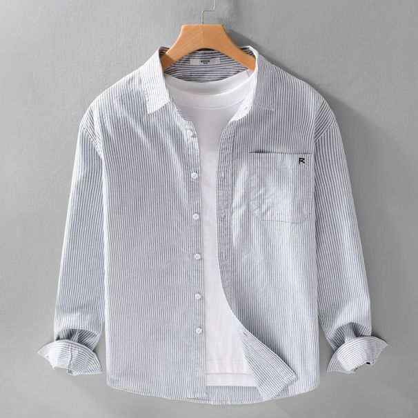 Spring And Autumn Men's Oxford Striped Long Sleeve Shirt Trendy Casual Loose Versatile Fresh Men's Shirt_viptrois.com
