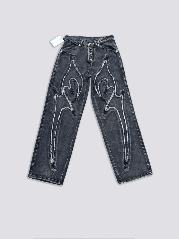 Men's Clothing Laser Stitching Sickle Pattern Embroidery Mid Waist Loose Jeans_viptrois.com
