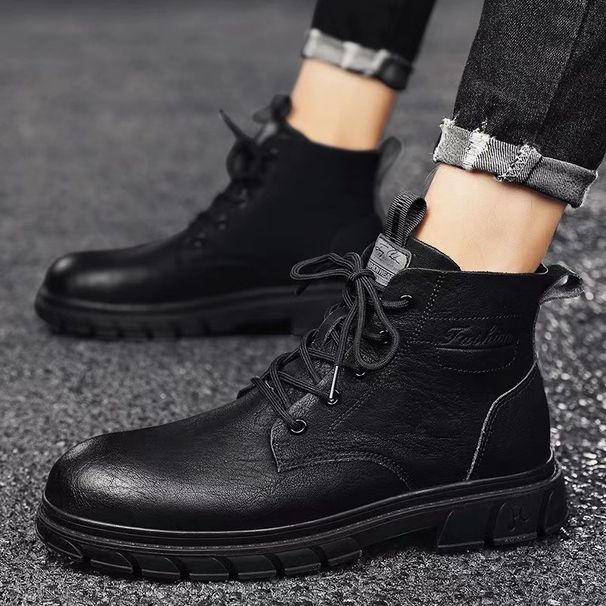 Waterproof Dirt-Resistant Soft Sole Martin Men Autumn 2024 New High-Top Men's British Casual Black Leather Shoes Work_viptrois.com