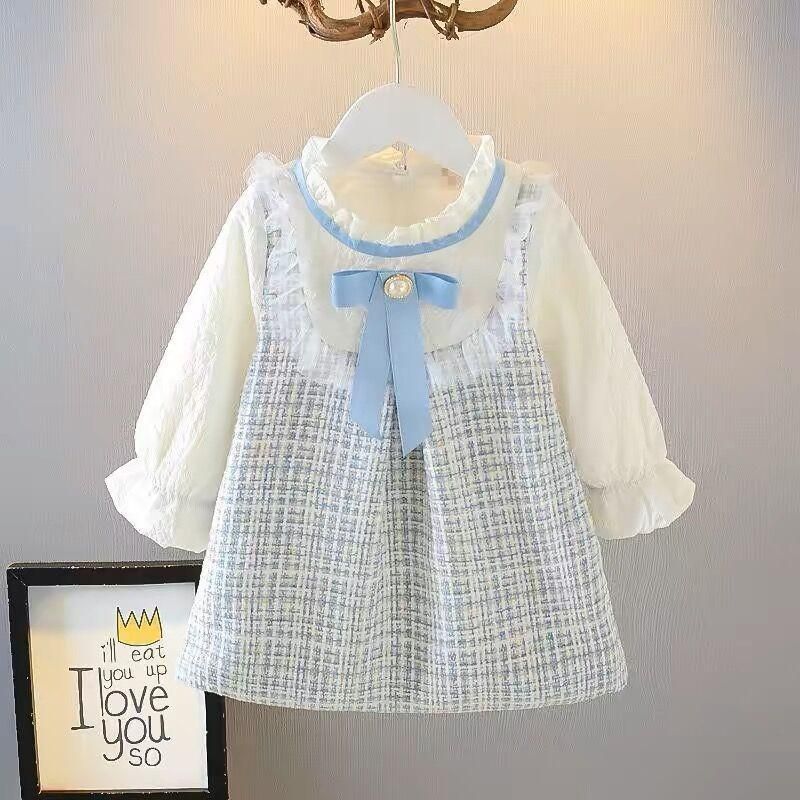 Girls Long Sleeve Skirt Cute Loose Dress Outer Wear Spring New Korean Style Clothing Kids Casual Fashion Round Neck Bow_viptrois.com