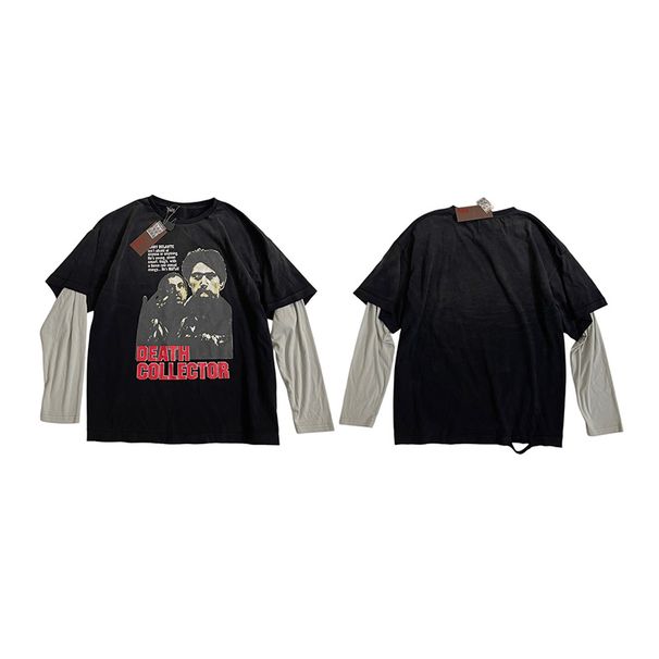 Camiseta Hip Hop Negra Lavada Con Estampado De Personajes, Mangas Solares Con Efecto De Capas Falsas Y Diseño De Empalme, Para Hombre Y Mujer_viptrois.com