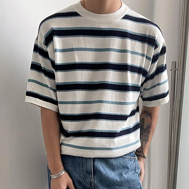 Men's Clothing Summer Short Sleeved T Shirt For Men Trendy Brand Round Neck Stripes Retro Casual Versatile Youth Half Sleeve_viptrois.com