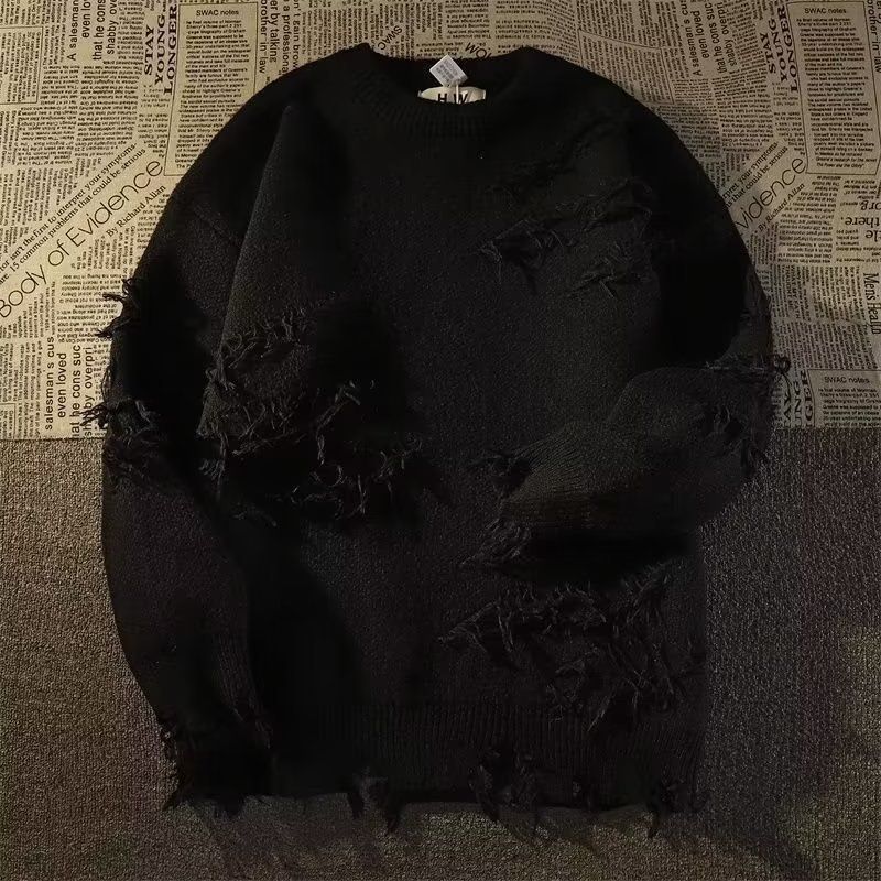 Retro Distressed Knit Sweater Unisex – Oversized Vintage Pullover With Raw Hem & Ripped Details (Black/Green, 90s Grunge Streetwear)_viptrois.com