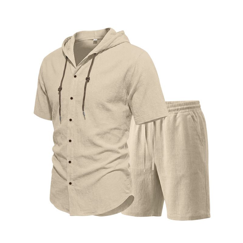 Men's Linen Hooded Shirt And Shorts Set Casual Summer Outfit Relaxed Fit Comfort-First Short Sleeve Clothing_viptrois.com