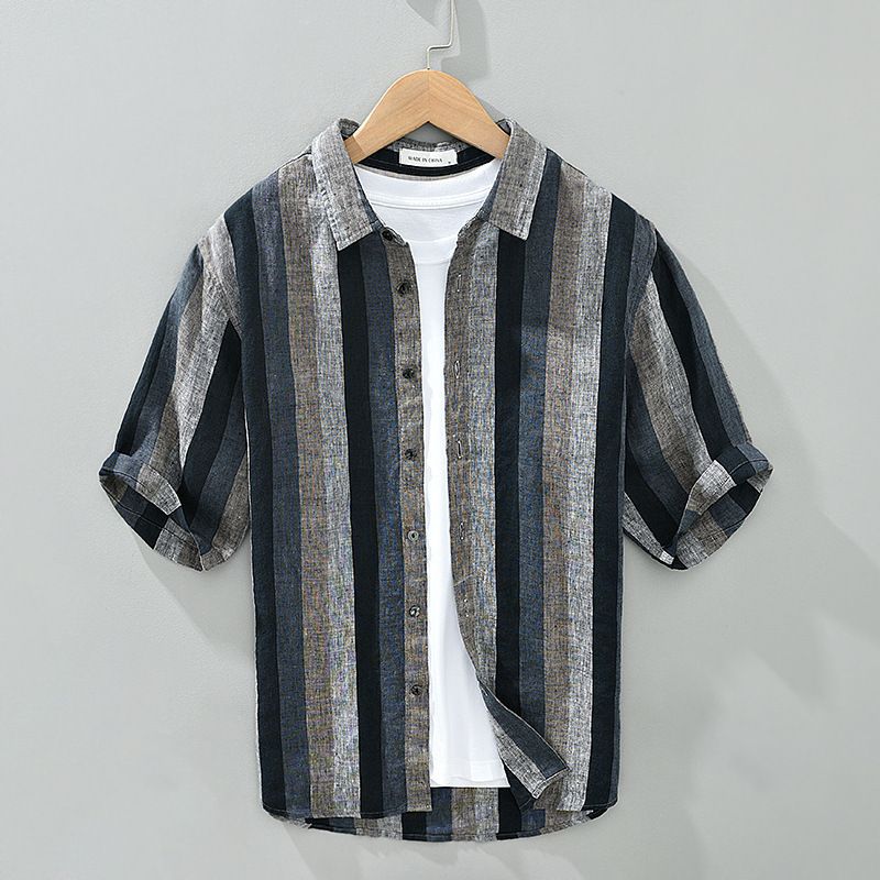 Men's Clothing New Summer Shirt Fresh Literary Stripes Loose Casual Half Length Short Sleeved Shirt_viptrois.com