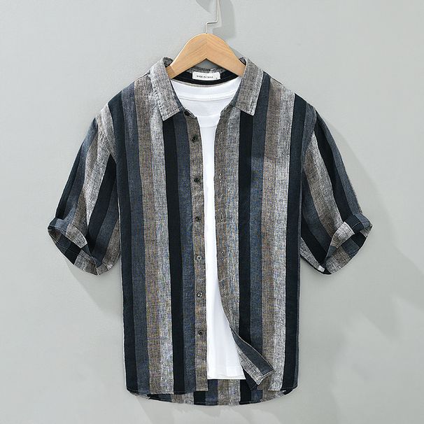 Men's Clothing New Summer Shirt Fresh Literary Stripes Loose Casual Half Length Short Sleeved Shirt_viptrois.com