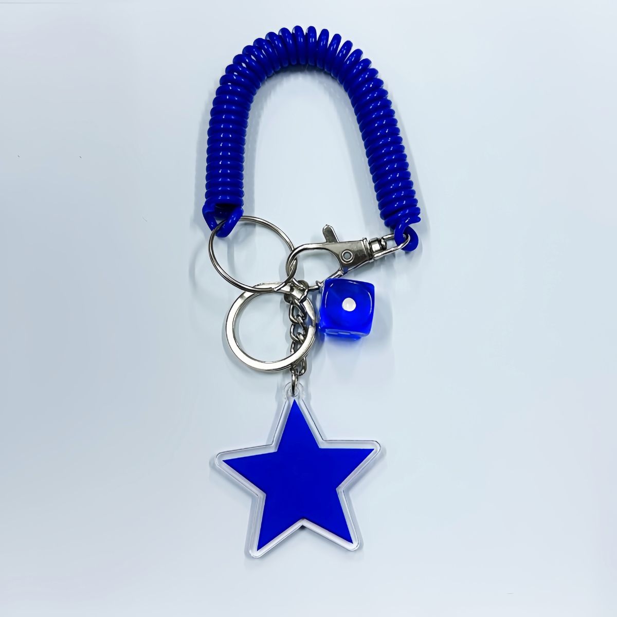Acrylic Glow Star Keychain With Spring Cord - Viral Dangle Charm For Backpacks (Red/Blue/Yellow, Asymmetric Dice Points)_viptrois.com