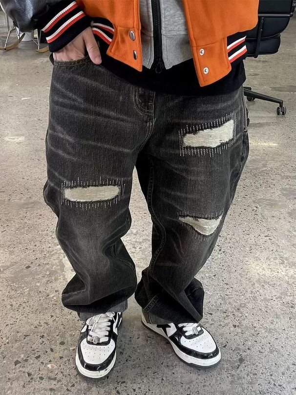 Underground Riot Jeans – Distressed Black Denim With Razor Slashes & DIY Patches (M-3XL, Charcoal Wash)_viptrois.com