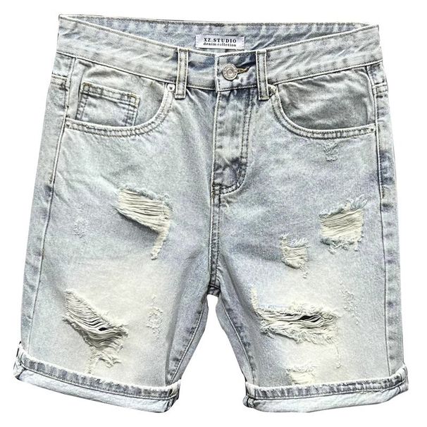 Beggar Cat Whisker Large Hole Trendy Four-Five Pants Men's Summer New Fashion Brand Washed Light Blue Denim Shorts_viptrois.com