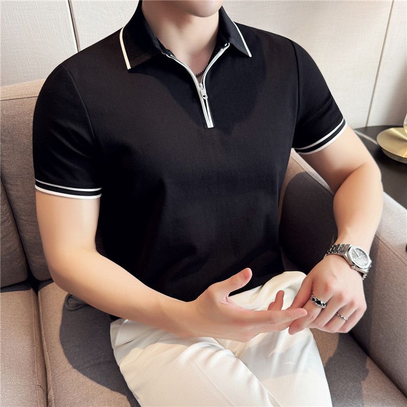 Men's Half Zip Short-Sleeved Polo Shirt Color-Block Ice Silk Stretch Casual Thin Top Recommended by Douyin And Xiaohongshu_viptrois.com