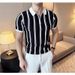 Men's Half Zip Polo Shirt Contrast Color Striped Short Sleeved Summer Trend Slim Fit Lapel Elegant Light Mature T-Shirt_viptrois.com