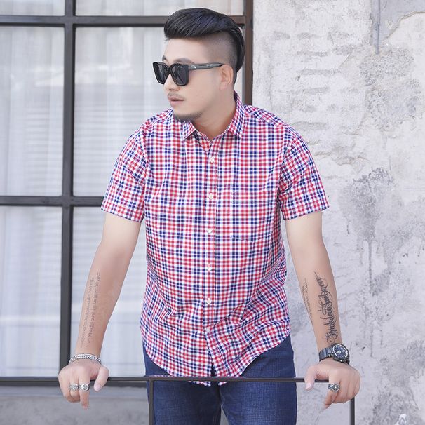 Men's Clothing Plus Size Short Sleeve Shirt Men Fat Guy Loose Plus Size Short Sleeve Yarn Dyed Plaid Shirt Men_viptrois.com