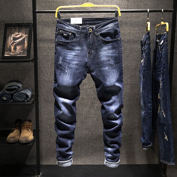 Men's Clothing Style Slim Elastic Trendy Skinny Pants With Holes And Patches Personality Trendy Brand Boys Long Pants_viptrois.com