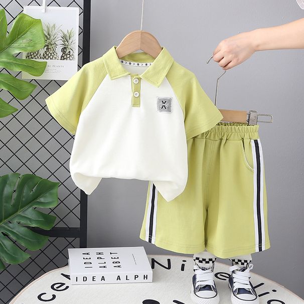 Two Piece Of Men's New Short Sleeved Sloping Shoulder Children's Clothing 2025 Baby Summer Set Handsome And Stylish Back_viptrois.com