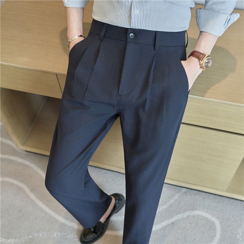 Summer Style Men's Casual Dress Pants Slightly Loose Fit Straight Leg Cotton Linen Blend Semi Elastic Waist_viptrois.com