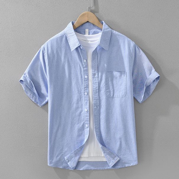 Striped Fresh Short Sleeved Shirt For Men, Fashionable And Versatile, Artistic And Casual Loose Top_viptrois.com