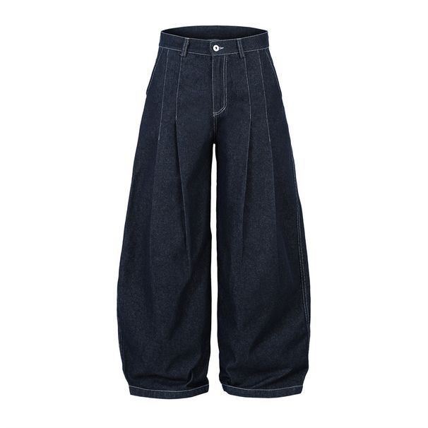 Loose Wide-Leg Scimitar Pants Men's Jeans Hip-Hop Rock Trendy Stitching Design Pleated Floor-Length Trousers_viptrois.com