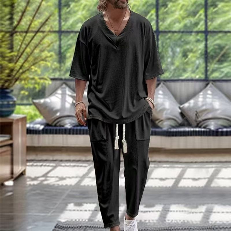 Men's Clothing Spring And Autumn Men's Cotton And Linen V Neck T Shirt Casual Short Sleeved Trousers Beach Suit_viptrois.com