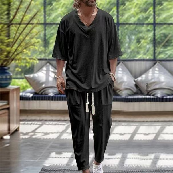 Men's Clothing Spring And Autumn Men's Cotton And Linen V Neck T Shirt Casual Short Sleeved Trousers Beach Suit_viptrois.com