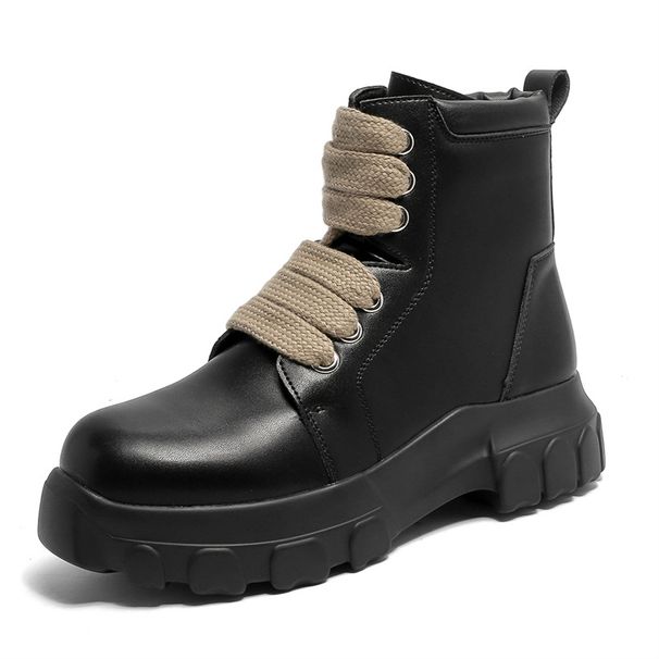 Casual Retro Medium Tube Round Head Tooling Boots Thick Sole Heightening Casual Lace-up Martin Boots_viptrois.com