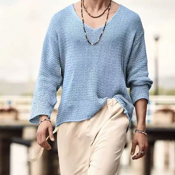 Men's Summer Knit Sweater Breathable Loose Fit Casual V-Neck Pullover Lightweight_viptrois.com