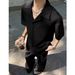 Men's Clothing Black Textured Jacquard Short Sleeved Shirt Trendy Handsome Casual Collar Shirt_viptrois.com