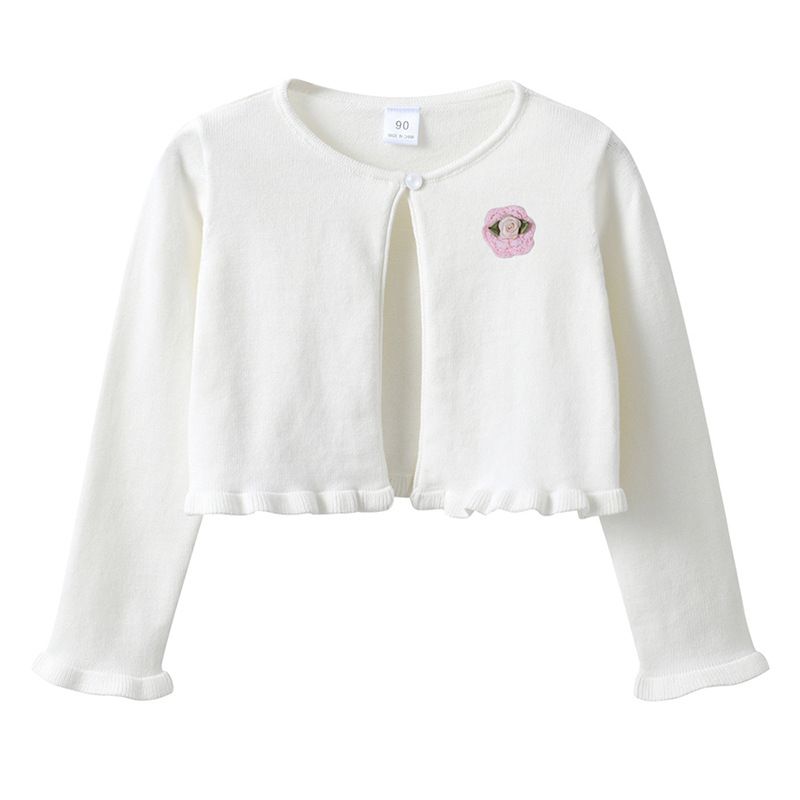 "Girls Cotton Knit Cardigan With Floral Pattern - Soft Round Neck Single Button Lightweight Sweater For Spring & Autumn"_viptrois.com