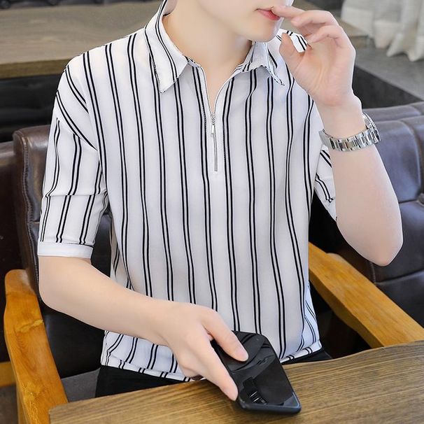 Half Zipper Short Sleeve Men's Summer Thin Striped Contrast Color Casual Lapel Polo Shirt Trendy Brand Summer Half Sleeve T-Shirt_viptrois.com