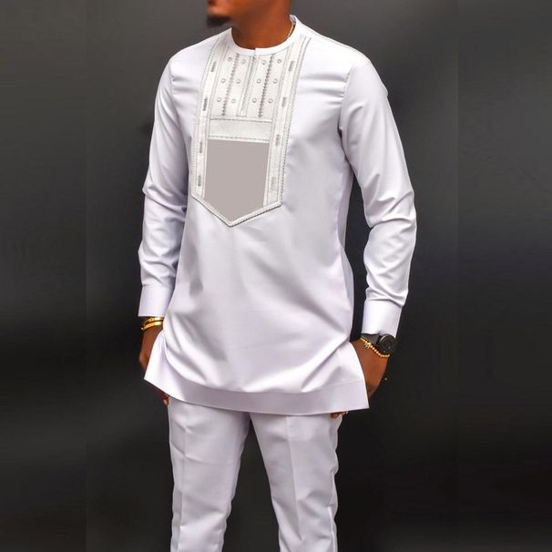 Men's Clothing Men's Elegant Suit Pants Set Embroidery Round Neck Long Sleeve Solid Color Two Piece Social Ethnic Men's Wear Style_viptrois.com