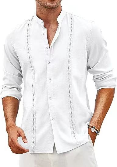 Men's Clothing Casual Button Summer Beach Vacation Cotton Linen Shirt Stand Collar_viptrois.com