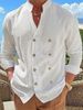 Men's Clothing Men's Large Size Double Breasted Shirt Home Leisure Stand Up Collar Shirt Cotton And Linen Long Sleeved Cardigan Jacket_viptrois.com