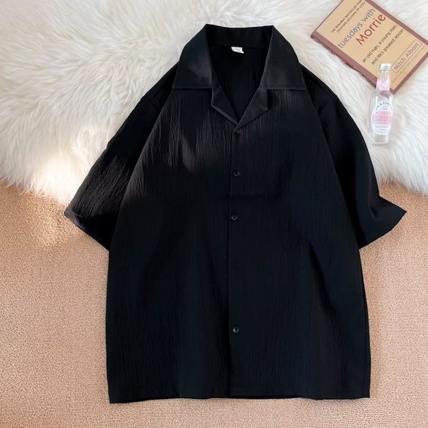 Men's Clothing Pleated Ice Silk Shirt Men's Short Sleeved Loose Cuban Collar Shirt Summer Trendy Design Cool Top_viptrois.com