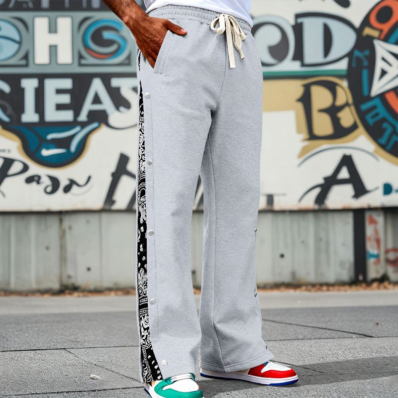 Men's High-Street Paisley Print Joggers - Oversized West Coast Style Hip Hop Trousers With Drawstring Loose Fit Straight Leg For Casual Streetwear_viptrois.com