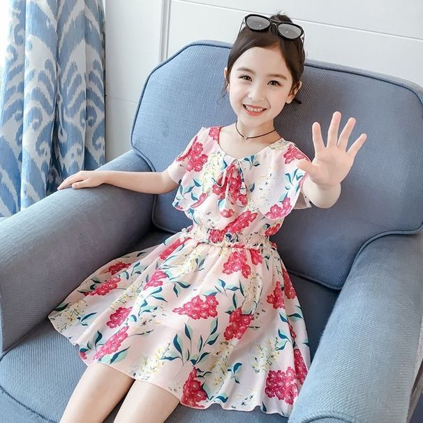 Mother & Kids Girls 2024 summer new Korean style floral chiffon dress for little girls short-sleeved baby princess dress_viptrois.com