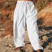 Men's Clothing Cotton And Linen Loose Casual Solid Color Drawstring Outdoor Daily Straight Trousers_viptrois.com
