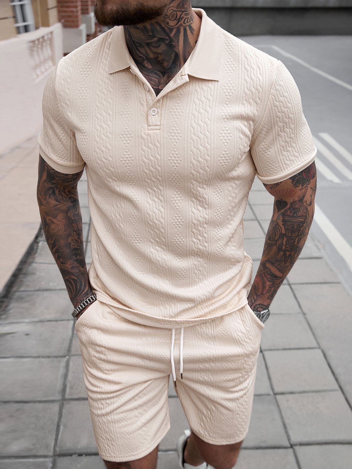 Men's Summer Fashion Casual Sports Suit Short Sleeve Black Polyester T-shirt Set Regular Fit Spring Summer Wear_viptrois.com