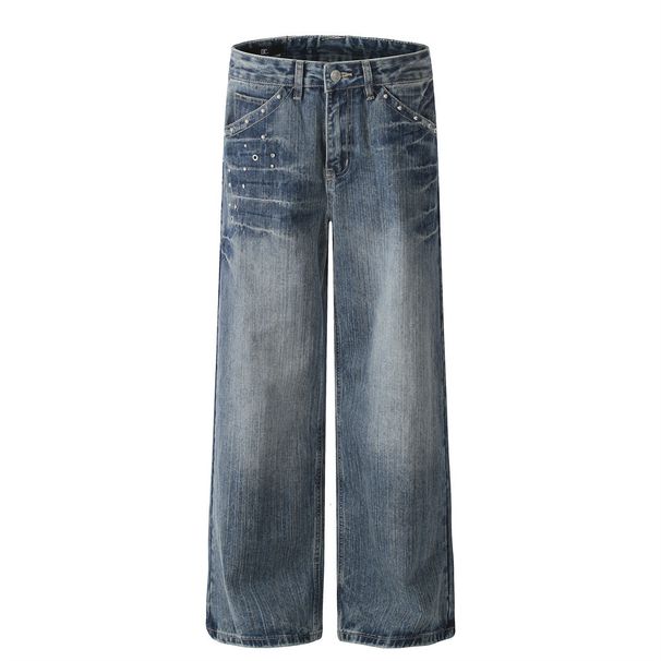 American Style Rivet Washed Jeans Men's High Street Trendy Brand Ins Straight Long Loose Wide Leg Floor-Length Pants_viptrois.com