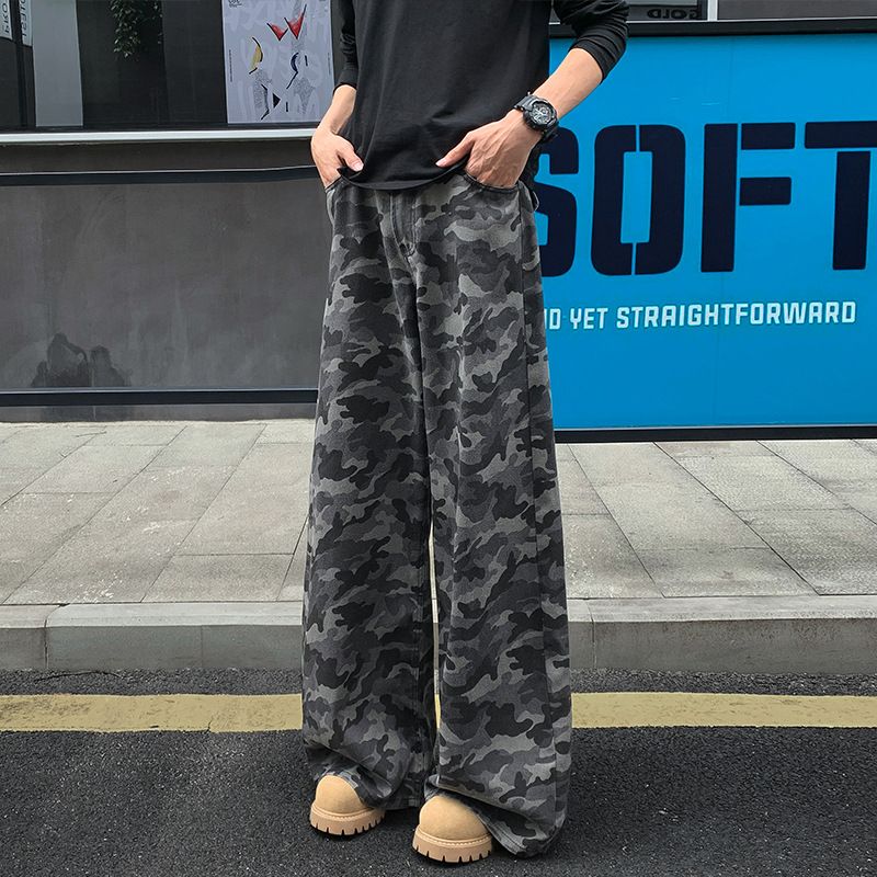 American-style Camouflage Jeans For Men, Autumn High Street Fashion Brand, Large Size, Loose Wide-leg Floor-length_viptrois.com