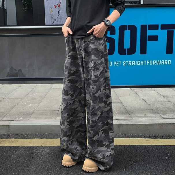 American-style Camouflage Jeans For Men, Autumn High Street Fashion Brand, Large Size, Loose Wide-leg Floor-length_viptrois.com