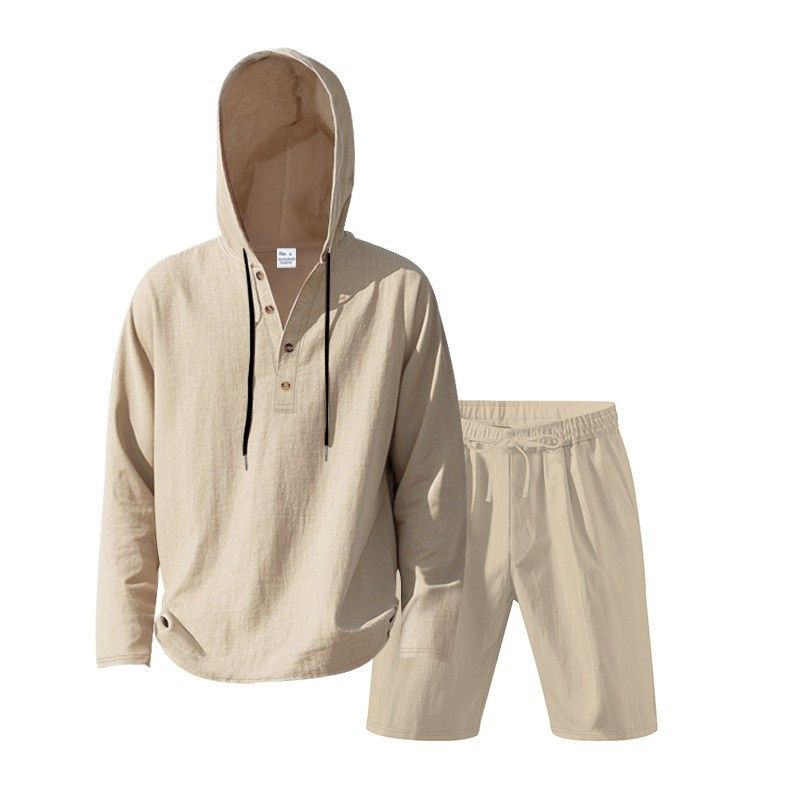 Men's Casual Linen Hooded Suit Summer Trendy Beach Wear Loose Fit Long Sleeved Shorts Black Gray Khaki American Style_viptrois.com